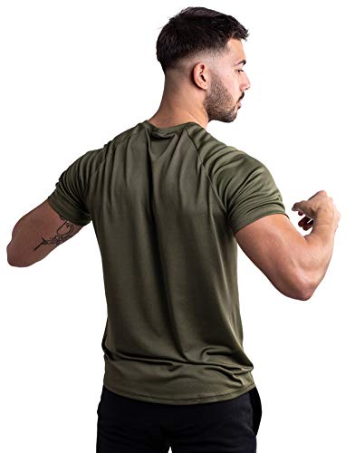 Satire Gym - Camiseta Deportiva Ajustada para Hombre/Camiseta Deportiva Estrecha y de Secado rápido, Camiseta Transpirable/Apta como Camiseta de Fitness y Culturismo.(Verde Oliva, L)