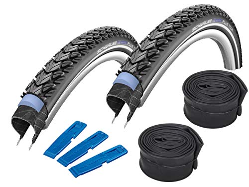 Schwalbe Marathon Plus Tour - Juego de 2 neumáticos para bicicleta de 28" (42-622) + 2 cámaras de aire DV + cinta reflectante