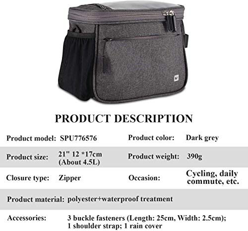 Selighting Impermeable Bolsa de Manillar de Bicicletas de Carretera y de Montaña para Ciclismo, Incluye Correa para el Hombro Extraíble y Cubierta para la Lluvia (Gris)