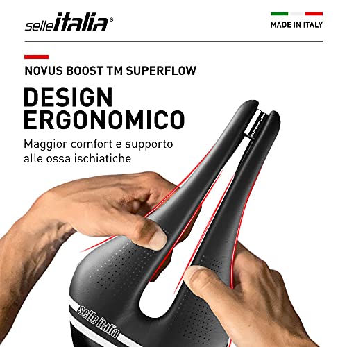 Selle Italia - Sillìn Bicicleta de Carretera Novus Boost TM Superflow, Rail Manganese Tubo Ø7, Sillìn Corto Road Perfomance Duro-tek, Comfort (S3)