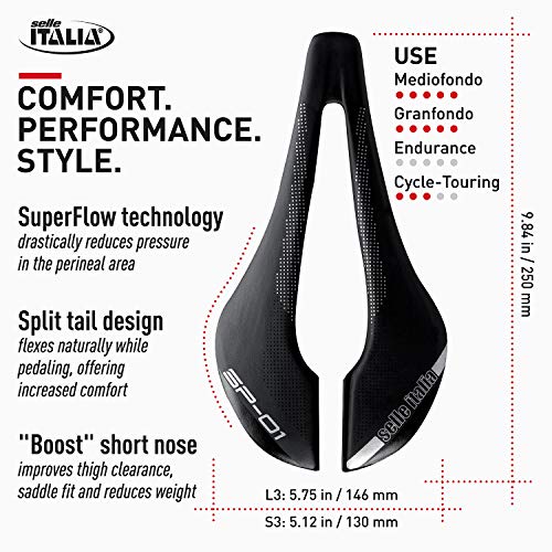 Selle Italia - Sillìn Bicicleta de Carretera SP-01 Boost TM Superflow, Rail Manganese Tubo Ø7, Sillìn Corto Road Perfomance Duro-tek, Comfort