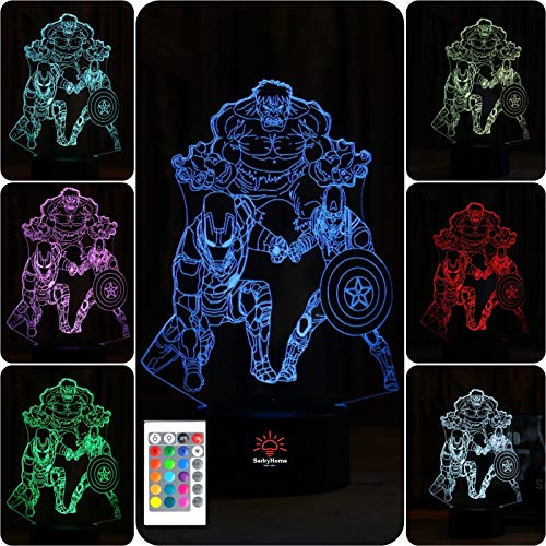 SerkyHome Luz nocturna de ilusión 3D para niños, 7 colores con mando a distancia, lámpara de mesa LED, Hulk-Ironman-Capitán América (Marvel Legends)