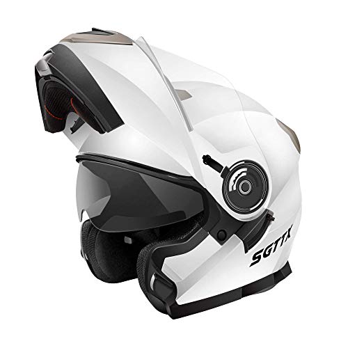 SGTTX Casco Moto modular Casco de motocicleta Casco integral Casco abatible Casco todoterreno Casco de motocross con visera de doble visera ECE para mujeres hombres adultos-Blanco S