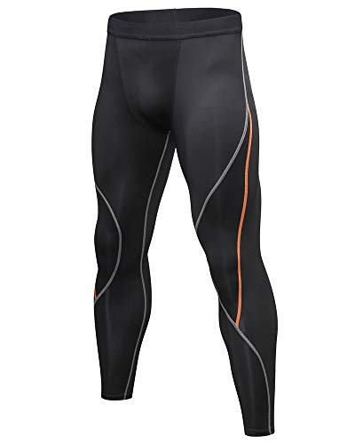 Shengwan Hombre 2 Piezas Conjunto de Compresion, Running Mallas Leggings + Camisetas Compression para Correr, Gimnasio, Fitness Negro Naranja M