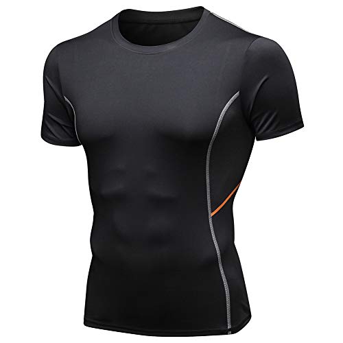 Shengwan Hombre 2 Piezas Conjunto de Compresion, Running Mallas Leggings + Camisetas Compression para Correr, Gimnasio, Fitness Negro Naranja M