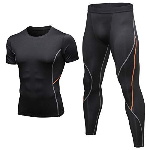 Shengwan Hombre 2 Piezas Conjunto de Compresion, Running Mallas Leggings + Camisetas Compression para Correr, Gimnasio, Fitness Negro Naranja M