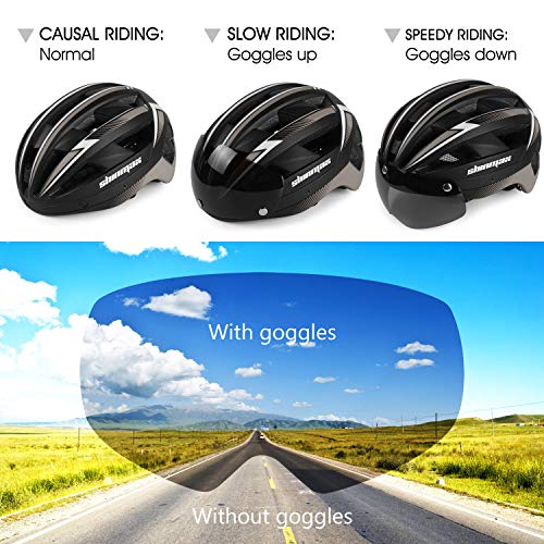 Shinmax Casco Bicicleta Carretera Casco Seguridad CE Stándar/Casco de Escalada Ajustable con USB Luz de Seguridad y Visera extraíble y Gafas de Montaña Magnéticas para Hombres y Mujeres Adultos