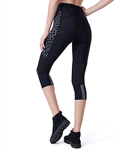 SILIK Pantalones de Ciclismo Acolchados para Mujer Leggings Capri Ladies Mountain Bike Pockets Medias Leopardo S