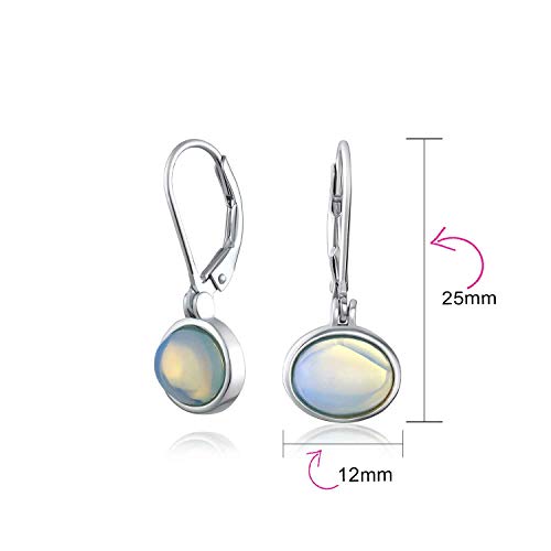 Simple simple iridiscente blanco arco iris moonstone ovalada bezel set leverback drop pendientes para mujeres adolescentes 925 plata de ley 7MM