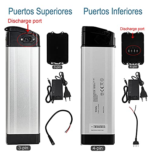 Sinbide 36V E-Bike Batería de Reemplazo 10Ah/15Ah/17Ah Recargable Li-ion Batería de Bicicleta Eléctrica con Cargador Bloqueo Antirrobo 2 Tipos de Puerto Descargado Opcionales (17Ah, 4-Puerto-Inferior)