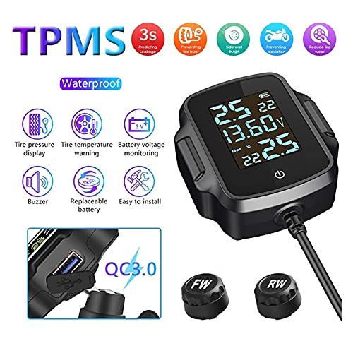 Sistema de monitoreo de presión de neumáticos Motocicleta TPMS Sistema de monitoreo de presión de neumático de moto Sistema de alarma de temperatura de neumáticos con QC 3.0 USB Cargador para la table