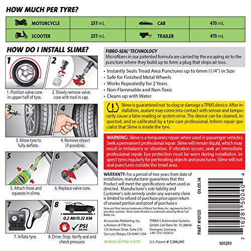 Slime 10125 Sellante de Reparación de Pinchazos de Neumático, Recarga de Kit de Reparación Inteligente, Apto para Coches, No Tóxico, Ecológico, 473 ml