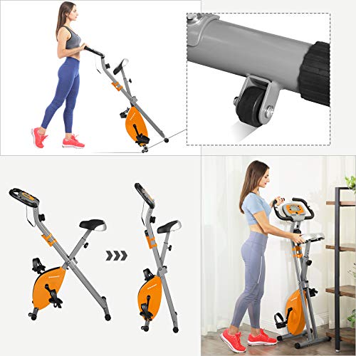 SONGMICS Bicicleta Estática, Bicicleta Fitness, Entrenador Plegable Indoor, 8 Niveles de Resistencia Magnética, con Alfombrilla, Sensor de Pulso, Soporte Telefónico, 100 kg Máx. Naranja SXB11OG