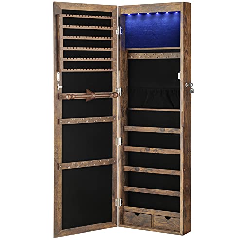 SONGMICS Espejo Joyero, Aramrio Joyero, 6 Leds Gabinete de Joyería con Espejo, Montado a la Puerta o la Pared con Cerradura, Armario Organizador, con Espejo y 2 Cajones, Marrón Rústico JJC93CB