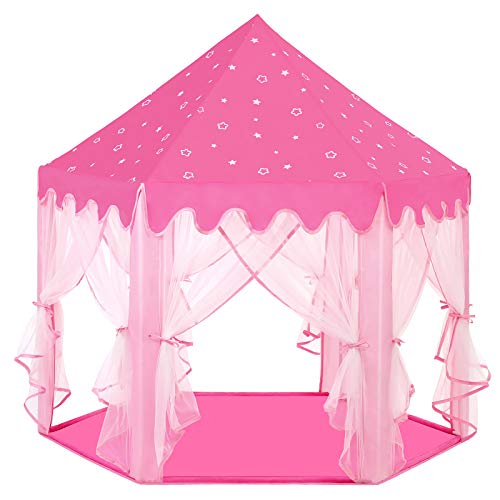 SONGMICS Tienda de Princesa, Carpa para Niños con Tul de Hadas, Castillo con Bolsa de Transporte, Espacio Privado para hasta 3 Niños, 140 x 120 x 135 cm, Rosa LPT601P01