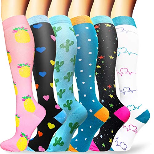 Sooverki Medias de compresión, Calcetines de compresión Mujer y Hombre, Calcetines Compresivos Enfermera para Trabajo, Ciclismo, Trotar, Correr, Deporte, Volar, Viajar A1-Multicolor-6 Paia S/M