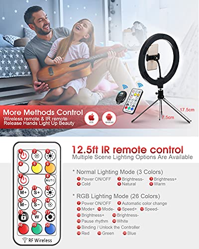 Soporte de luz de anillo RGB, kit de luz de anillo de 10.2 pulgadas con soporte de trípode y soporte para teléfono, 29 colores, 4 modos y 9 luces de fotografía LED de brillo para maquillaje/fotografía