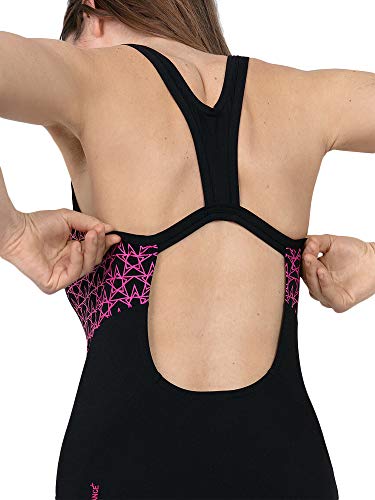 Speedo Boom Splice Muscleback Bañadores de Mujer para Natación, Color Negra/Rosa eléctrico, Talla 44