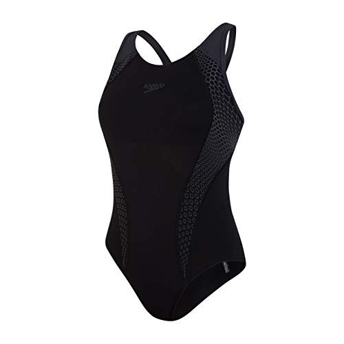 Speedo Laneback con Inserto Bañador, Mujer, Negro/Gris óxido, 11-12