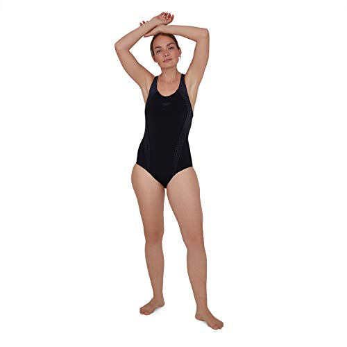 Speedo Laneback con Inserto Bañador, Mujer, Negro/Gris óxido, 6-9M