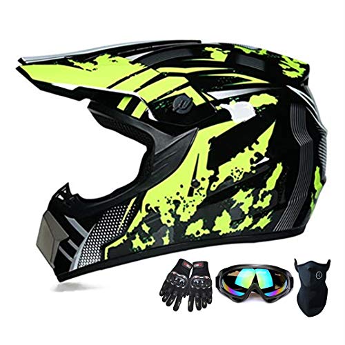 Suciedad casco de la motocicleta ATV SUV casco de la Casco + gafas + guantes de la bici de descenso Off-Road bicicleta de montaña casco de 4 piezas unisex de campo a través del casco,Amarillo,M