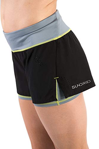 SUNDRIED Pantalones Cortos de Las Mujeres de Gimnasio Operando Fitness y Entrenamiento 2-en-1 Negro Short Shorts (X-Large)