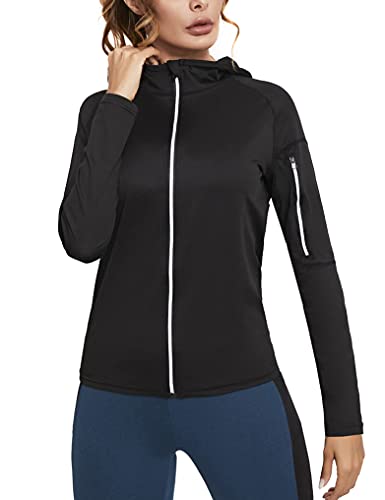 Sykooria Chaqueta Deportiva Mujer de Manga Larga con Capucha Sudadera Cremallera Mujer para Running Gym Fitness,Negro,L