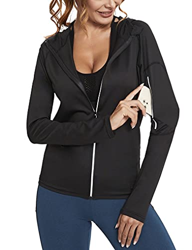 Sykooria Chaqueta Deportiva Mujer de Manga Larga con Capucha Sudadera Cremallera Mujer para Running Gym Fitness,Negro,L