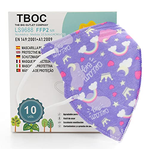 TBOC Mascarillas FFP2 [Pack 10 Unidades] Máscaras [Talla Pequeña] Desechables [Dream Big] 5 Capas [No Reutilizables] Transpirables Plegables con Pinza Nasal [Certificadas y Homologadas]