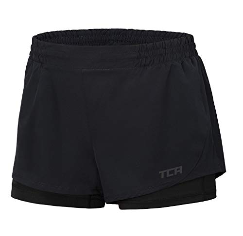 TCA Pantalones Cortos de Running Mujer 2 en 1 Pantalón Corto con Compresión Interna y Bolsillo con Cremallera - Negro, L