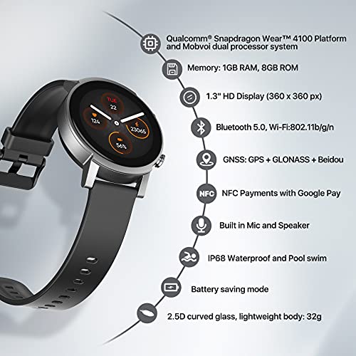 Ticwatch E3 Smartwatch para Hombres Wear OS con Qualcomm Snapdragon Wear 4100 Plataforma de Sistema Dual Google Pay GPS Integrado Monitoreo de frecuencia cardíaca Seguimiento del sueño iOS y Android