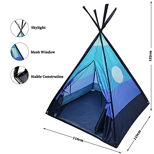 Tipi Infantil Tipi Indio para ninos de Poliéster Tienda Campaña Portátil para Interiores y Exteriores,110x110x152 cm (Azul)