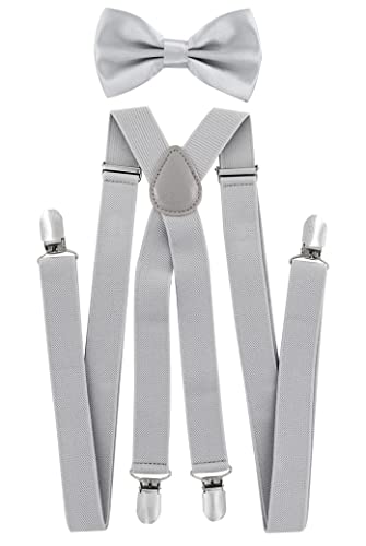 Tirantes para hombre con pajarita de axy; 4 clips resistentes en forma de X Color gris claro (tirantes anchos, 2,5 cm). Talla única