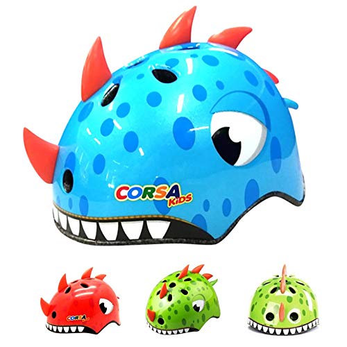 TITST Casco para niños, Edad 2-13 años, Cascos de Dinosaurio 3D de Animales de Dibujos Animados, Ajustable Juventud Niños Niñas Equipo de protección Multideporte 19"-23" LUOWAN Blue-S