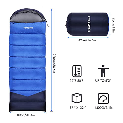 TOMSHOO Saco de Dormir Rectangular, Saco de Dormir Adulto Ligero con Capucha y Bolsa de Compresión, para Viaje Camping y Senderismo, 220 * 80 * 3cm