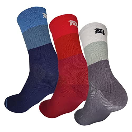 TopActive | Calcetines de Ciclismo Altos para Hombres y Mujeres | Calcetines Deportivos de Ciclismo Transpirables para Montaña, Spining, Ciclismo de Ruta | Pack de 3 | Gris - Rojo - Azul | 39-41