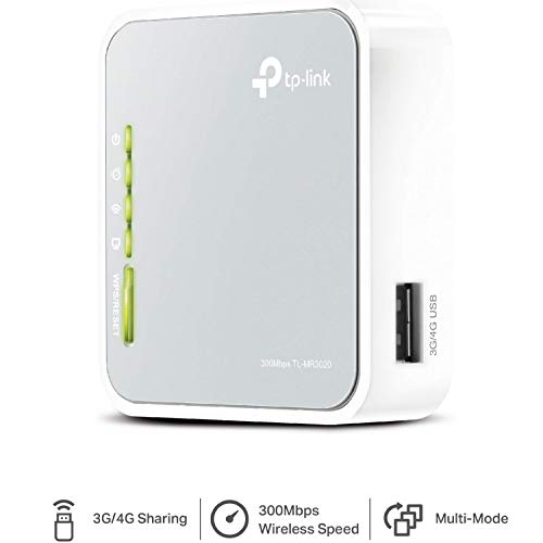 TP-Link TL-MR3020 - Router de viaje Wi-Fi portátil (3G/4G de 300 Mbps, Modo 3G/4G de soporte / modo de punto de acceso / modo cliente, sin necesidad de configuración, enchufe de la UE)