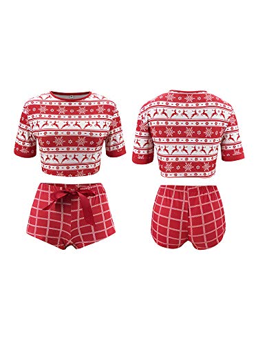 Traje Navideño para Mujer 2 Piezas Conjunto de Ropa para Navidad Top Camiseta de Manga Corta y Cuello Redondo + Pantalones Cortos con Patrones de Navidad (Rojo, S)