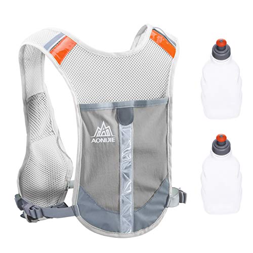 TRIWONDER Chaleco Reflectante Ligero Mochila de Hidratación para Trail Running Ciclismo Marathoner Profesional Hombre Mujer (Gris - con 2 Botellas de Agua)