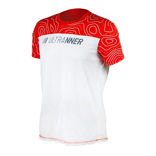 ULTRANNER - DUMALA | Camiseta Técnica Hombre Manga Corta para Deporte - Camiseta Transpirable Ultraligera Apta para Trail Running Trekking Y Más - Color Rojo y Blanco para Mayor Visibilidad Talla S