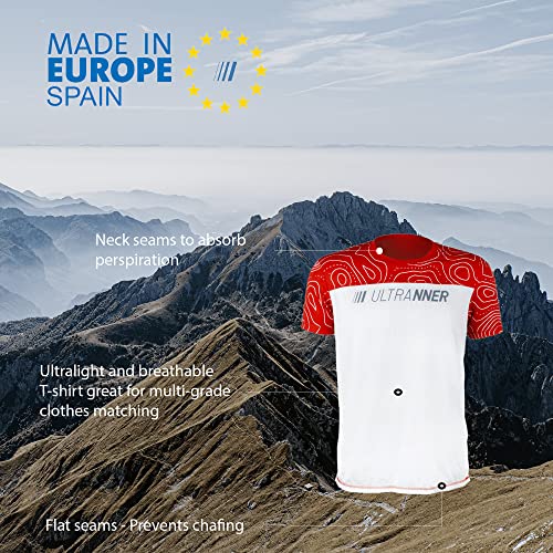 ULTRANNER - DUMALA | Camiseta Técnica Hombre Manga Corta para Deporte - Camiseta Transpirable Ultraligera Apta para Trail Running Trekking Y Más - Color Rojo y Blanco para Mayor Visibilidad Talla S