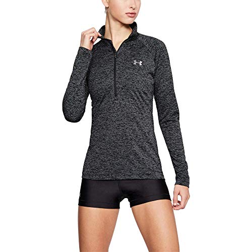 Under Armour Tech 1/2 Zip - Twist, ligera camiseta de manga larga, camiseta transpirable mujer, Negro (Black / Black / Metallic Silver) , M