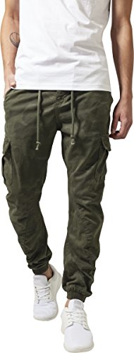 URBAN CLASSICS Pantalón jogging Camo Cargo con bolsillos de parche laterales y traseros, ajuste holgado, estampado camuflaje, cintura cordón, puños elásticos, color Verde Camo, talla 32