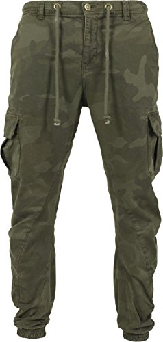 URBAN CLASSICS Pantalón jogging Camo Cargo con bolsillos de parche laterales y traseros, ajuste holgado, estampado camuflaje, cintura cordón, puños elásticos, color Verde Camo, talla 32