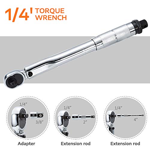 V VONTOX Llave Dinamométrica 1/4", 5-25Nm, Llave de Torque con 17 Accesorios, Ajuste de Par y Ajuste Hacia Adelante y Hacia Atrás, para Coche, Bicicleta, Moto