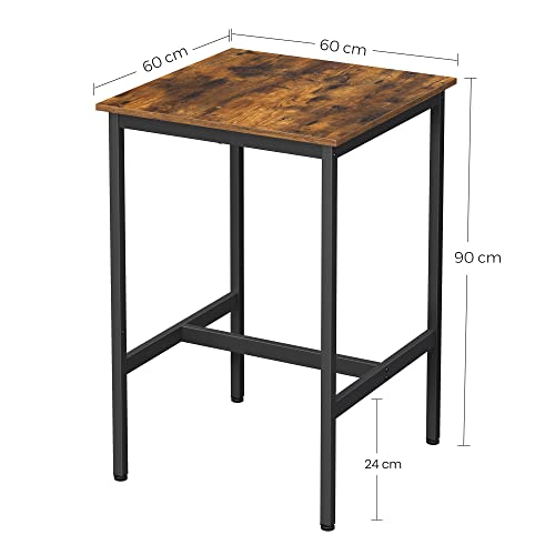 VASAGLE Mesa Alta, Mesa de Bar Cuadrada, Estructura de Acero Robusta, 60 x 60 x 90 cm, Montaje Fácil, para Cocina, Salón, Estilo Industrial, Marrón Rústico y Negro LBT25X