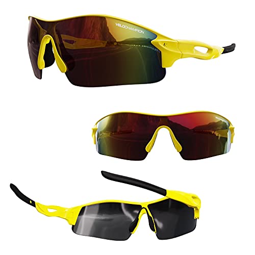 Velochampion Warp Ciclismo Conducción Mtb Gafas de Sol Híbridas Correr Gafas Deportivas Protección Uv400 y 2 Lentes de Repuesto Incluidos (Amarillo)