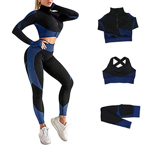 Veriliss 3 Piezas Mujer Yoga Traje Entrenamiento Para, Gym Mallas de Yoga Sin Costuras y Sujetador Deportivo Elástico Ropa de Gimnasio (NegroAzul, S)