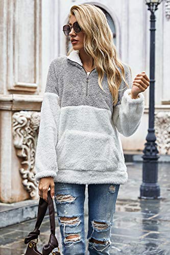 Voqeen Mujer Sudaderas con Teñido Anudado Collar del Soporte Pullover de Vellón Difuso de Manga Larga Jersey de Color de Contraste con Cremallera de 1/4 Abrigo Outwear Tops con Bolsillos