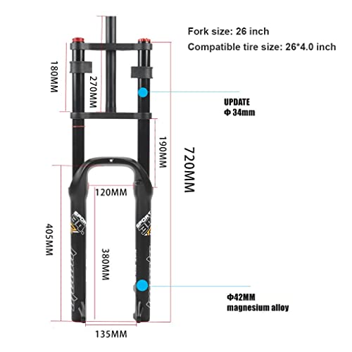 VPPV Horquilla de Suspensión Bicicleta 26" Moto Nieve/ATV para Neumáticos 4.0 Bicicleta Montaña QR 135mm Hombro Doble Rappel Cuesta Abajo Amortiguador MTB/Am (Size : 26 Inch)